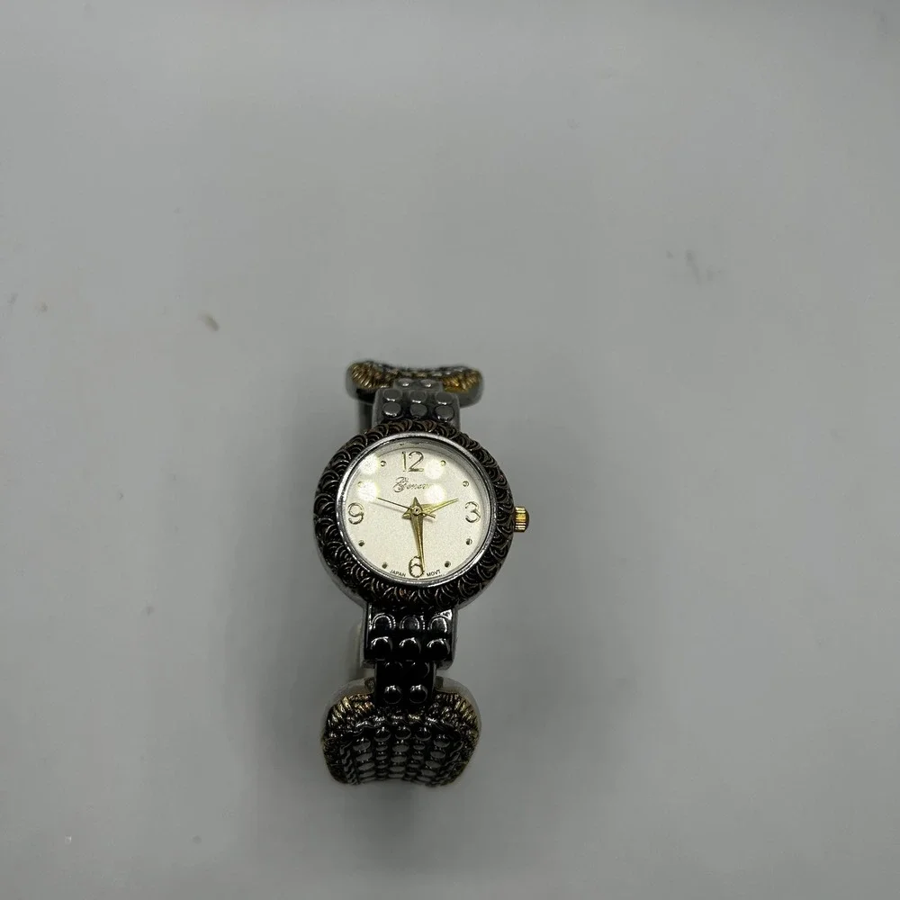 Geneva Cuff Watch Womens Two-Tone Silver Gold Textured Bangle Japan Movt Good